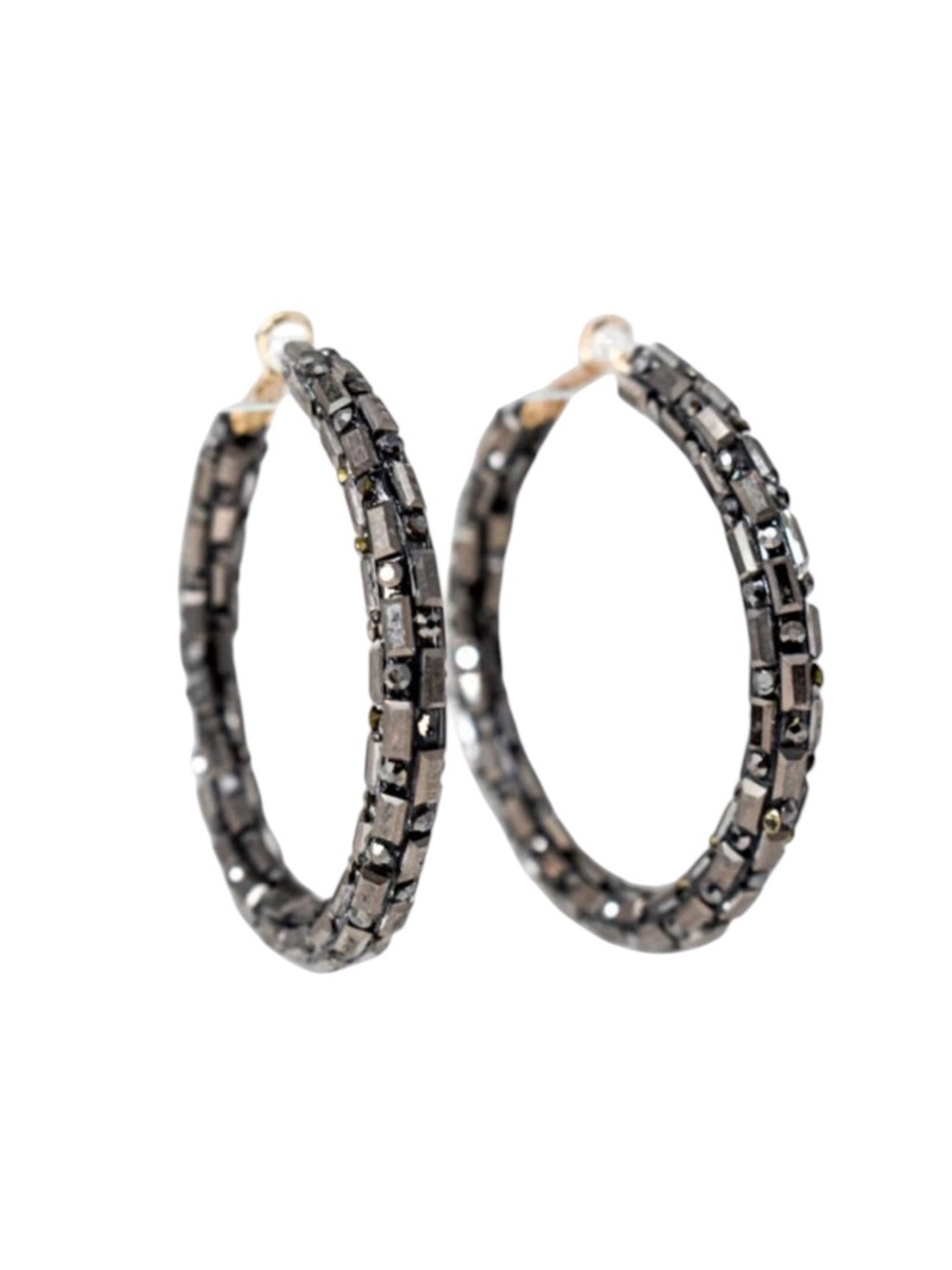 BOHEMIAN HEMATITE RHINESTONE PAVE WRAP HOOP EARRINGS 2.25’